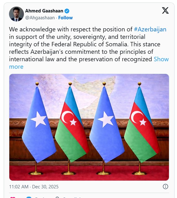 Somali ərazi bütövlüyünü dəstəklədiyinə görə Azərbaycana təşəkkür edib